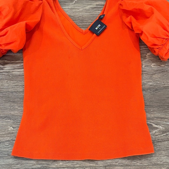 Maeve by Anthropologie Puff Sleeved Ribbed V-neck Top Women's Size Small Orange - Picture 3 of 7